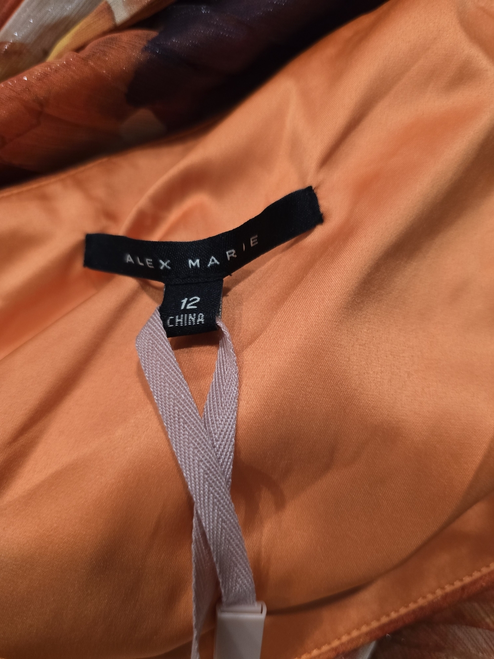Alex Marie Vibrant Orange Satin Dress Lining with Multicolor Accents - Picture 3 of 5